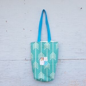 Patch & Roam green arrow print patchwork small tote bag w/ blue shoulder straps